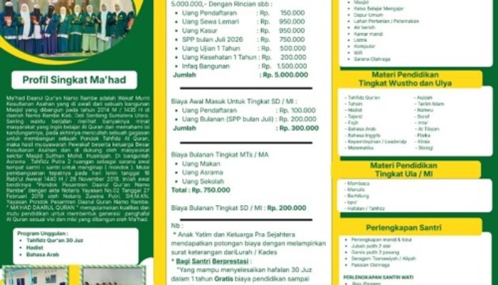 Ma’had Daarul Qur’an Mohammad Husinsjah Buka Pendaftaran Santri Baru