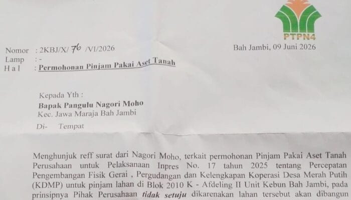 PTPN IV Regional 2 Kebun Bah Jambi Tolak Pinjam Pakai Lahan untuk Bangun KDMP